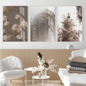soft|kahve-Krem Bitki Şam Kapı Desen Kombini|çerçeveli Cam Tablo 3lü Dikey
