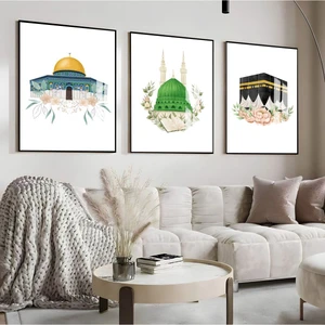 çiçek Desen Mescid-I Aksa-Kabe-Nebevi Islami Kombini |çerçeveli Cam Tablo  3lü Dikey
