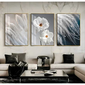 gümüş-Beyaz Renk Çiçek-Tüy Kombin 03|çerçeveli Cam Tablo Temperli 3lü Dikey