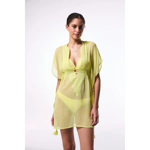Sarı Basic Şifon V Yaka Mini Kaftan