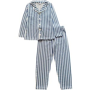 Erkek Çocuk %100 Pamuklu Mavi Beyaz Çizgili Gömlek Yaka Boydan Düğmeli Uzun Kollu Pijama Takımı