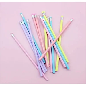 Makaron Renkli Üçgen Silgili Kurşun Kalem 3 Adet Yumuşak Yazım Sevimli Renkler