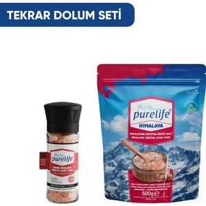 Pure Life Himalaya Tuzu - SET - Granül Kristal Kaya Tuzu Pembe 500g + Seramik Değirmenli 120g