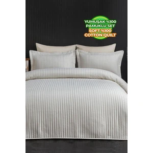 Evlen Home Collection Judy Pamuklu Yatak Örtüsü ( Pike ) Takımı Çift Kişilik Çizgili Günlük Sade Düz Beyaz