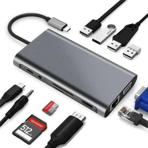 FC09 Macbook Uyumlu Type-C To 4K 1080P Hd HDMI 1000 Mbps Gigabit Ethernet RJ45 Pd Sd Kart 2* USB 3.0 VGA 8ın1 Çevirici Hub Adaptör