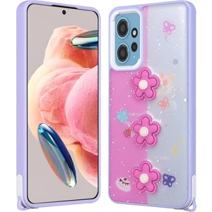 Xiaomi Redmi Note 12 4g Kılıf Parlayan Sıvılı Simli Kabartma Figürlü Iksp Cevze Kapak-Mor Papatya
