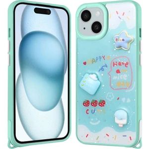 Apple iPhone 15 Kılıf Parlayan Sıvılı Simli Kabartma Figürlü Iksp Cevze Kapak-Yeşil