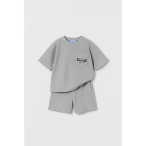 Çocuk Pamuklu Gri La'ciel Yazılı T-Shirt ve Şort Takım - Gofre Dokulu