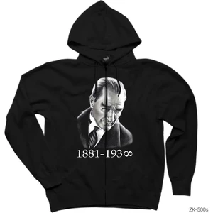 Atatürk Siyah Fermuarlı Kapşonlu Sweatshirt