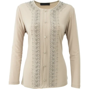 Kadın Anne Bluz Likralı Sandy Kumaş Şık ve Modern Elmasım Taşlı Yuvarlak Yakalı Rahat Kesim