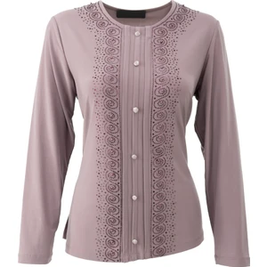 Kadın Anne Bluz Likralı Sandy Kumaş Şık ve Modern Elmasım Taşlı Yuvarlak Yakalı Rahat Kesim