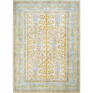 Cool Halı Private Sarı Halı Eskitme Şönil Halı Etnik Desen Çiçekli Otantik Yıkanabilir Salon Halısı