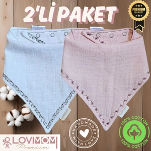 Lovimom Premium 2'li Paket Premium %100 Pamuk Ekstra Soft 2 Kat Müslin Bebek Fuları Salya & Mama Önlüğü 3 Çıtçıtlı