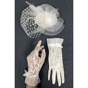 Beyaz Puantiyeli Vualet ve Dantelli Eldiven