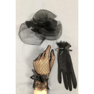 Siyah Gelin Şapkası ve Puantiyeli Eldiven