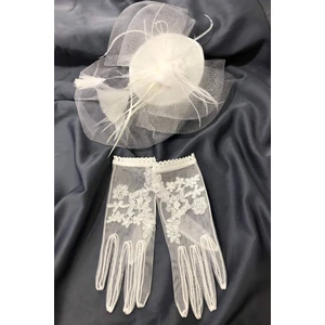 Hayalperest Boncuk Beyaz Işlemeli Eldiven-Vualet Nikah Şapkası