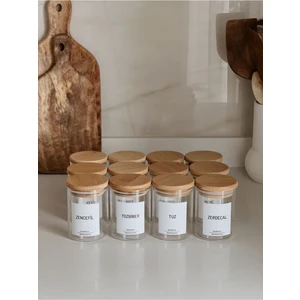 12'li Bambu Vakum Kapaklı Cam Kavanoz Baharatlık (25 Adet Etiket)