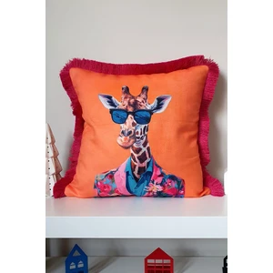 Tarz Sahibi Zürafa Tasarımlı Turuncu Kırlent Kılıfı Saçak Detaylı - 43 x 43 cm