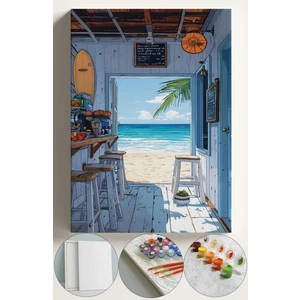 Sayılarla Boyama Çerçeveli Hobi Seti Numaralı Tuval Fırça Boya Dahil Kasnaklı 40X50 cm Sahilde Kafe