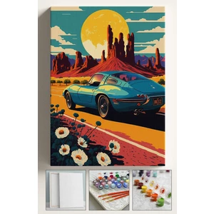 Sayılarla Boyama Çerçeveli Hobi Seti Numaralı Tuval Fırça Boya Dahil Kasnaklı 40X50 cm  Retro Araba