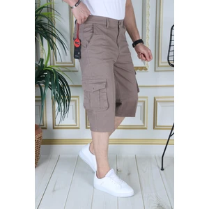 Kahverengi Slim Fit Gabardin Kargo Cepli Kapri Şort Yandan Cepli Likralı Esnek Kumaş Erkek Kargo Şort Kapri Bermuda
