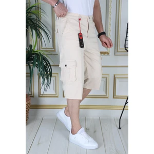 Bej Slim Fit Gabardin Kargo Cepli Kapri Şort Yandan Cepli Likralı Esnek Kumaş Erkek Kargo Şort Kapri Bermuda