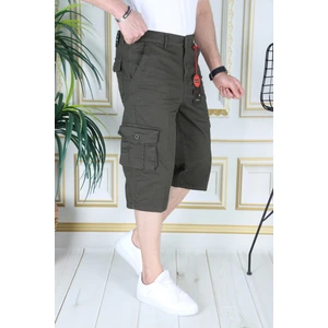 Haki Slim Fit Gabardin Kargo Cepli Kapri Şort Yandan Cepli Likralı Esnek Kumaş Erkek Kargo Şort Kapri Bermuda