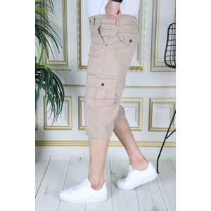 Krem Slim Fit Gabardin Kargo Cepli Kapri Şort Yandan Cepli Likralı Esnek Kumaş Erkek Kargo Şort Kapri Bermuda