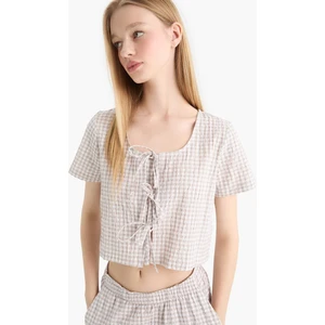 V Yaka Önden Bağlamalı Kareli Krinkıl Kumaş Kısa Kollu Bluz F1009AX25SP