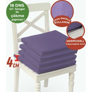 Fermuarlı 4'lü Sandalye Minderi Su Itici Kumaş 40X40 cm Sünger Sandalye Minderi Bağcıklı Mor