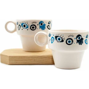 Nazar Boncuğu & Hamsa Temalı 2'li Espresso Bardak Seti - Hediye Seramik Fincan