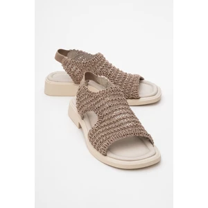 Weave Koyu Bej Örme Hakiki Deri Kadın Sandalet