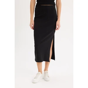 Fitted Vücudu Saran Yırtmaçlı Basic Düz Fitilli Kaşkorse Siyah Midi Etek E2247AX25SP