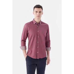 Bordo Slim Fit Cepli Düğmeli Yaka %100 Pamuk Gömlek