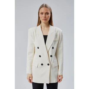 Ekru Oversize Kruvaze Yaka Astarlı Blazer Ceket