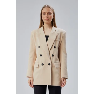 Bej Oversize Kruvaze Yaka Astarlı Blazer Ceket