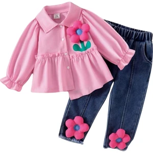 Kız Çocuk Kot Pantalonlu Papatyalı Pembe Takım