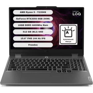 LOQ AMD Ryzen 5 7235HS 16GB 512GB SSD RTX3050 Freedos 15.6" FHD Taşınabilir Bilgisayar 83JC000QTR