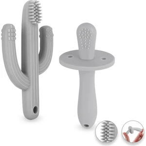 2'li Bebek Diş Kaşıyıcı Seti - Silikon Diş Kaşıma Emziği, Kaktüs Silikon Diş Kaşıyıcı - Gri