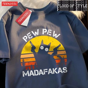 Tarz Sokak Pew Pew Madafakas Kedi ile Iki Silah T-Shirt Adam Sokak Yaz Kısa Kollu Harajuku Pamuk Tshirt