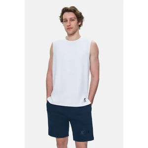 BODHI Beyaz Bisiklet Yaka Sıfır Kol Baskılı Modal Kumaş  Oversize Erkek Tshirt