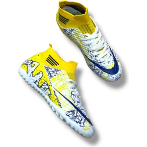 Çoraplı Airboom Halısaha Ayakkabı Beyaz Sarı Lacivert Desenli