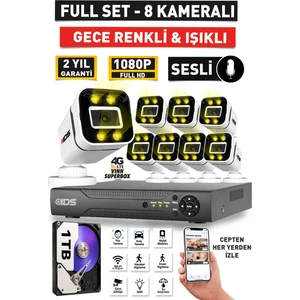 Sesli - 8 Kameralı Fullhd Gece Renkli ve Işıklı Güvenlik Kamerası - Kamera Seti 1tb Disk