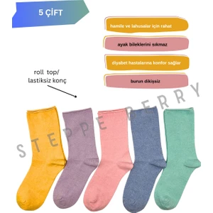 5 Çift Kadın Çok Renkli Lastiksiz ve Dikişsiz Roll Top Çorap