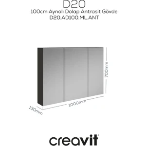 D20 100 cm Melamin Aynalı Dolap Antrasit