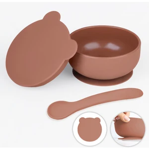 Meleni Baby 2'li Bebek Beslenme Seti - Vakumlu Silikon Kapaklı Mama Kasesi - Diş Kaşıyıcı Mama Kaşığı - Kahve