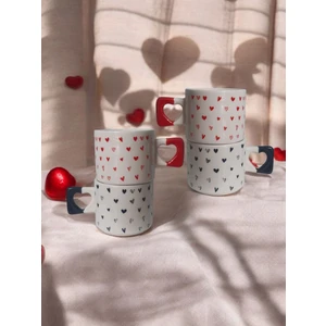 Simge Seramik 4'lü Siyah Kırmızı Minik Kalpler Çizimli El Yapımı Doğal Seramik Kalp Kupa  /  Mug - Çay & Kahve Fincanı