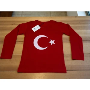 Türk Bayraklı (Ay Yıldız) Baskılı Kırmızı Uzun Kollu Unisex Çocuk Tişörtü (T-Shirt)