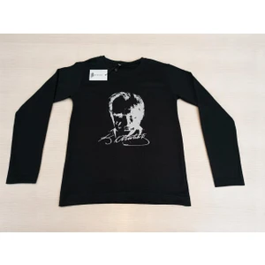 Atatürk Baskılı Siyah Uzun Kollu Unisex Çocuk Tişörtü (T-Shirt)