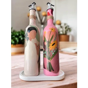 Mes Reves Design Yerli Kadın ve Pembe Çiçek Motifli Özel Tasarım Yağdanlık-Sirkelik Sosluk Seti Ev-Mutfak Dekoru